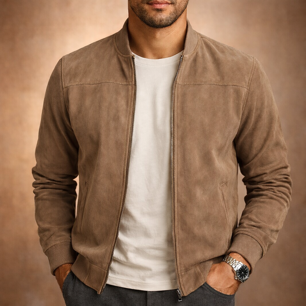 Men's Bomber Jacket Suede Full Zip Modern Fit
