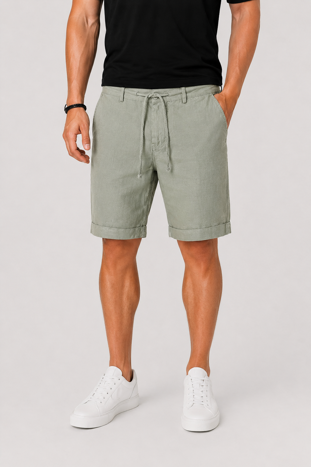 Shorts en lin à cordon pour hommes, coupe décontractée, ourlet roulé, poche latérale, mi-cuisse