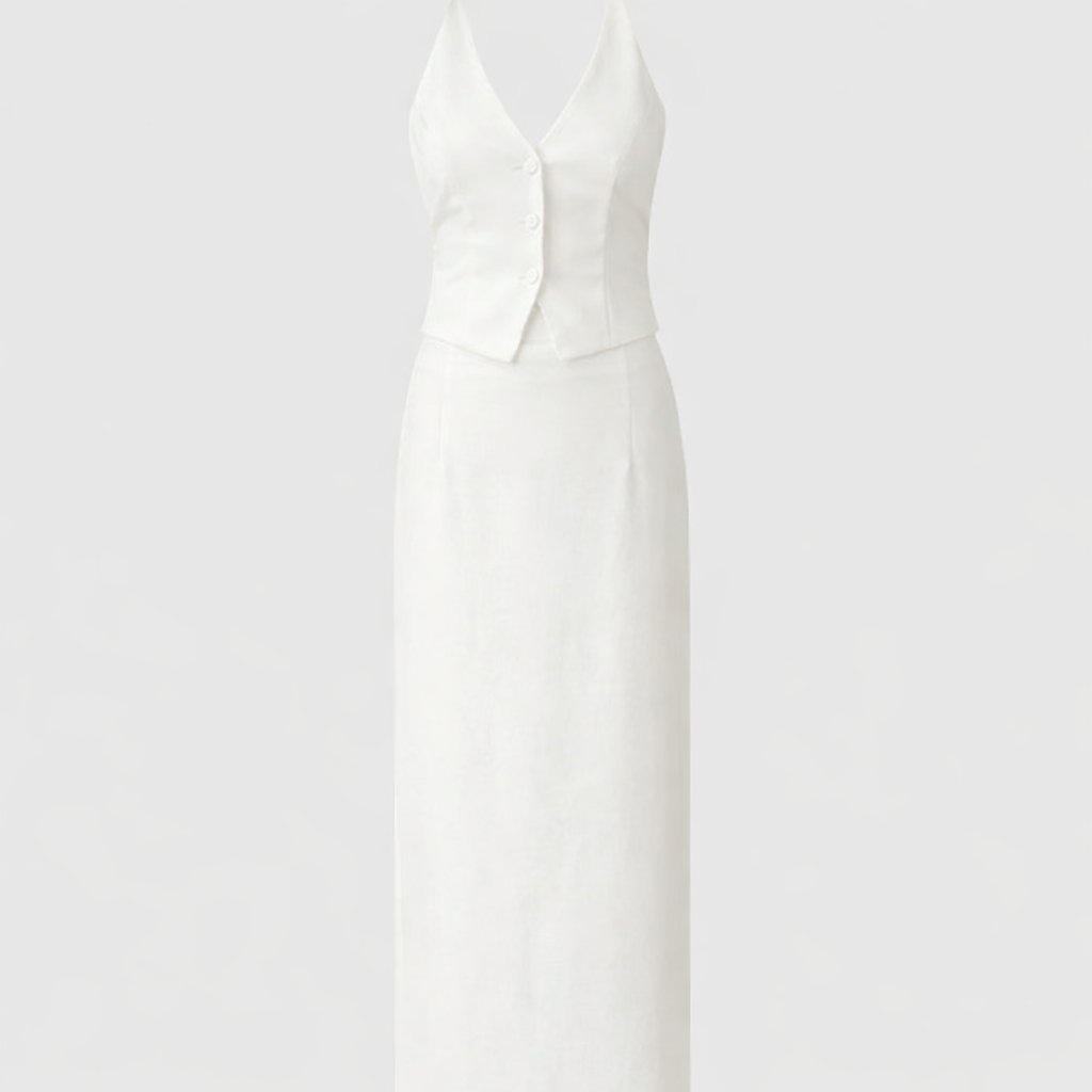 Women’s Two-Piece Midi Dress Set with Button-Front Top