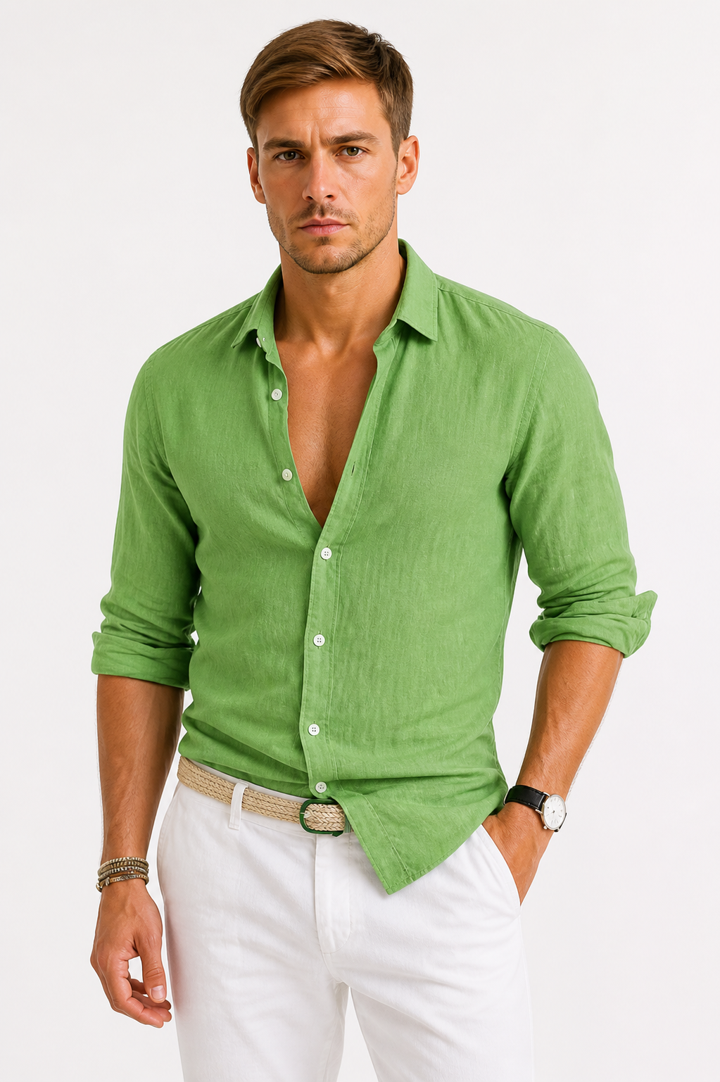 Linen Oxford Shirt Men Linen Button Down Rolled Sleeves Relaxed Fit Casual