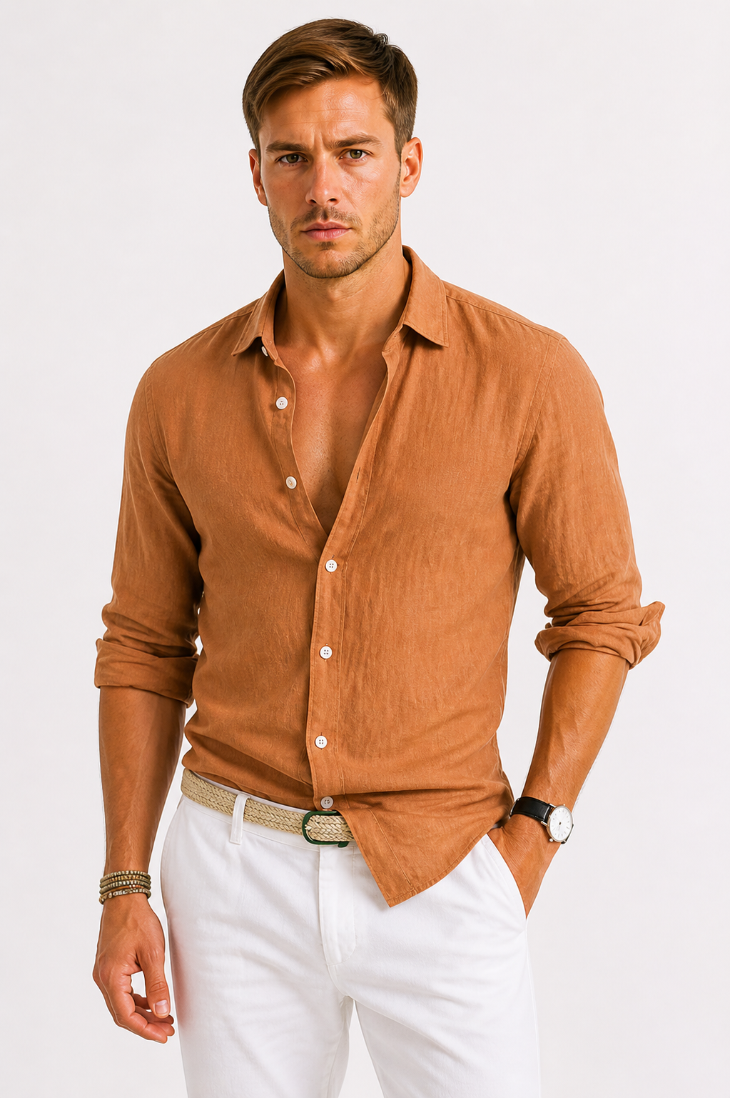Linen Oxford Shirt Men Linen Button Down Rolled Sleeves Relaxed Fit Casual