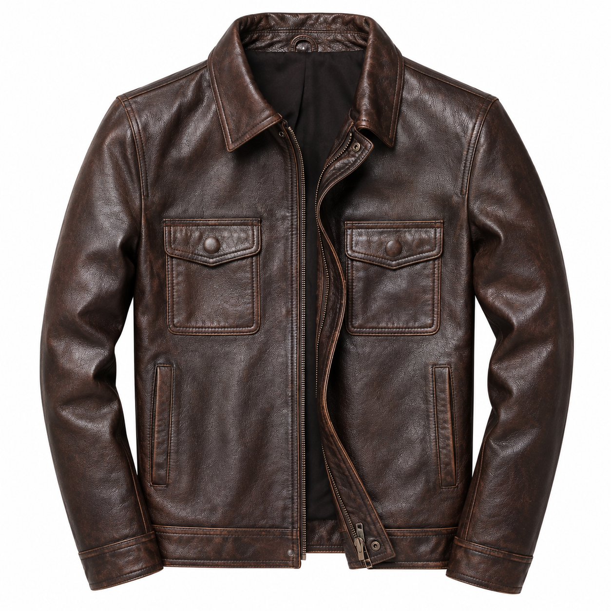 Men's Genuine Leather Jacket Zip Front Stand Collar