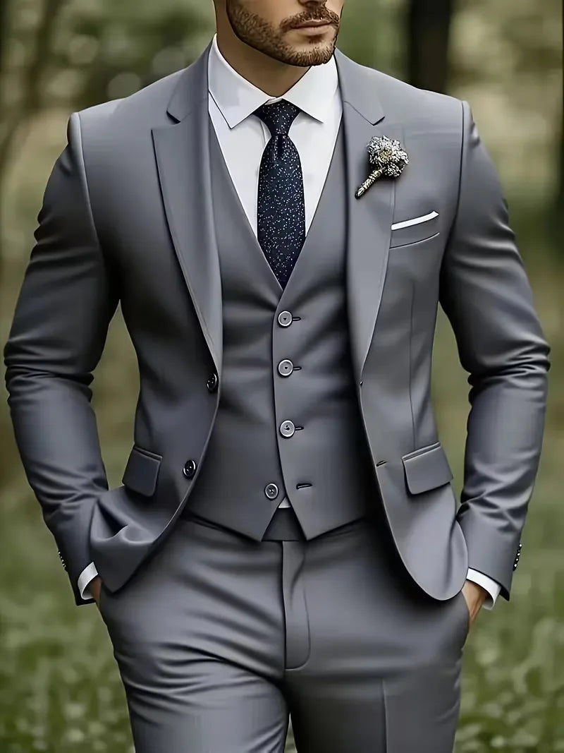 Three Piece Suit Set Men Woven Fabric Slim Fit Notch Lapel Two Button Waistcoat Formal