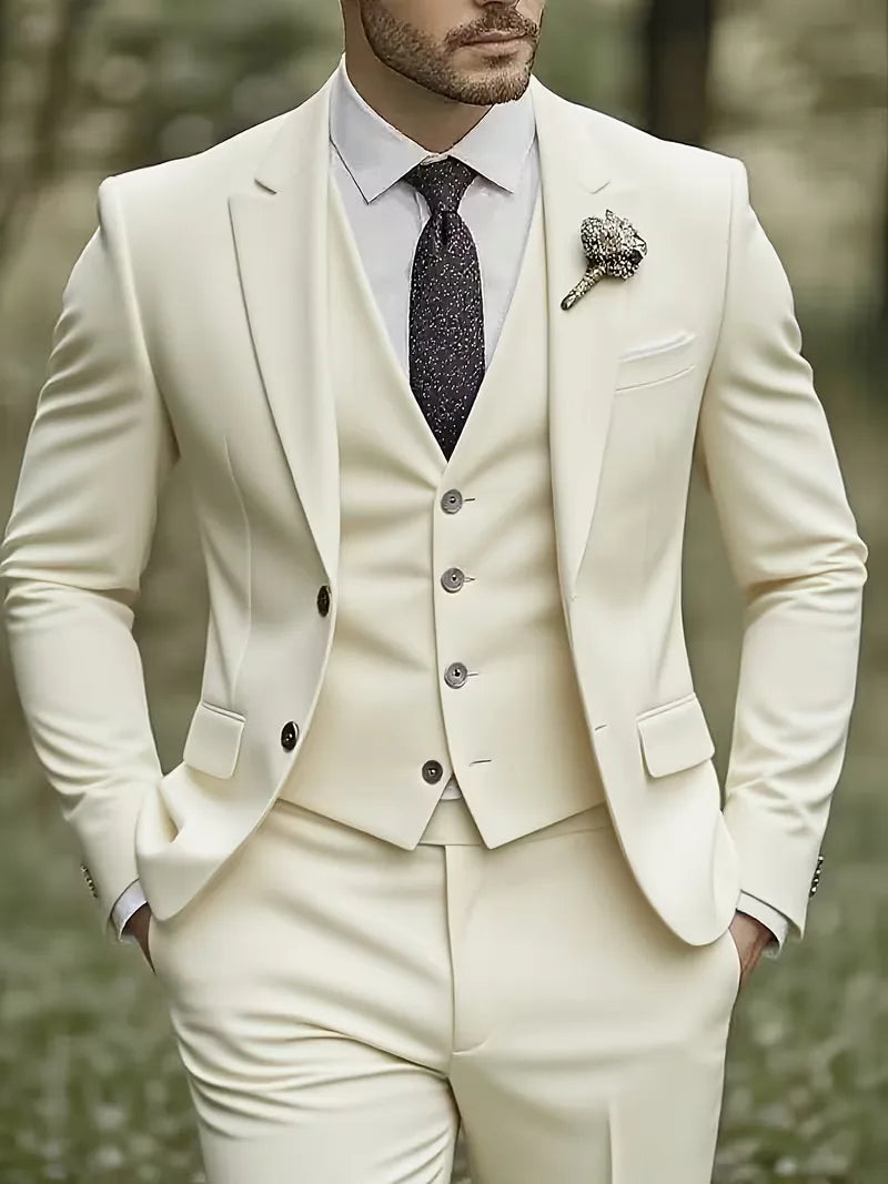 Three Piece Suit Set Men Woven Fabric Slim Fit Notch Lapel Two Button Waistcoat Formal