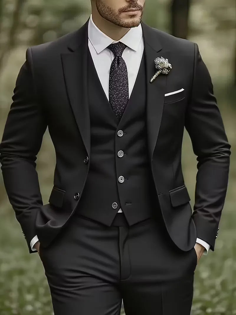 Three Piece Suit Set Men Woven Fabric Slim Fit Notch Lapel Two Button Waistcoat Formal
