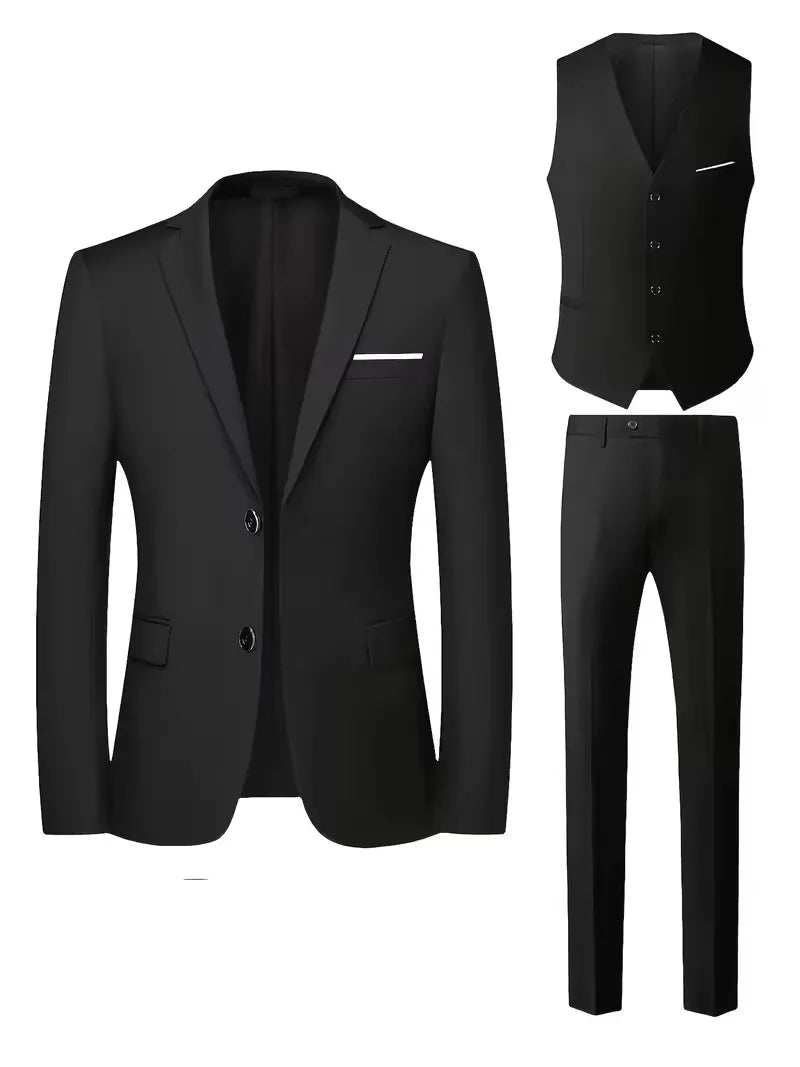 Three Piece Suit Set Men Woven Fabric Slim Fit Notch Lapel Two Button Waistcoat Formal
