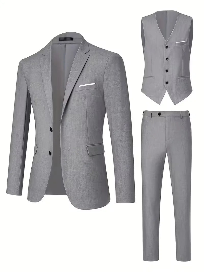 Three Piece Suit Set Men Woven Fabric Slim Fit Notch Lapel Two Button Waistcoat Formal