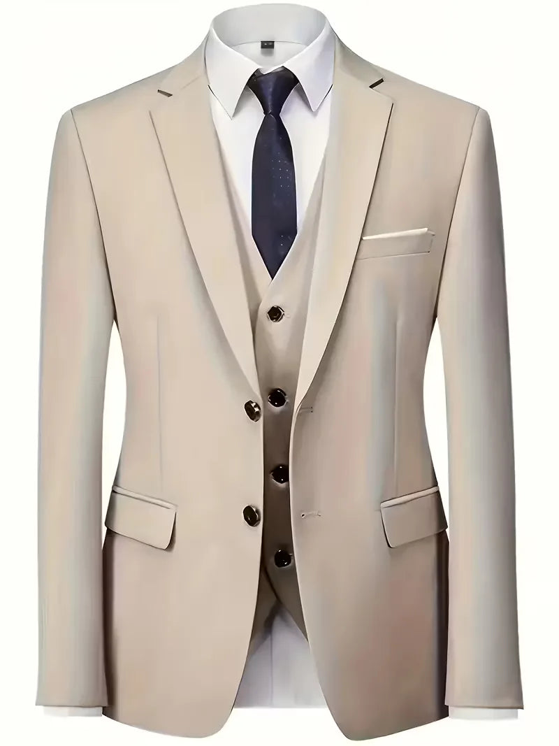 Three Piece Suit Set Men Woven Fabric Slim Fit Notch Lapel Two Button Waistcoat Formal