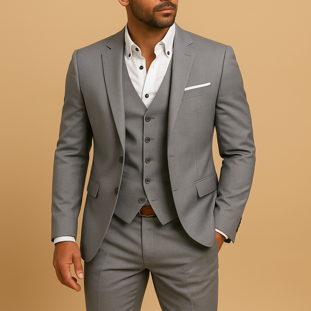 Three Piece Slim Fit Suit Set Men Woven Fabric Tailored Waistcoat Formal Smart