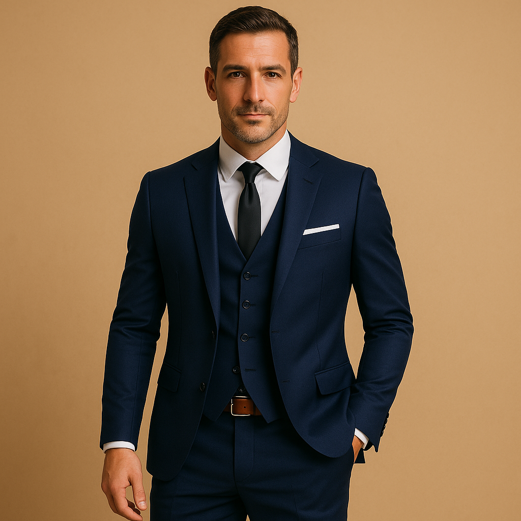 Three Piece Slim Fit Suit Set Men Woven Fabric Tailored Waistcoat Formal Smart