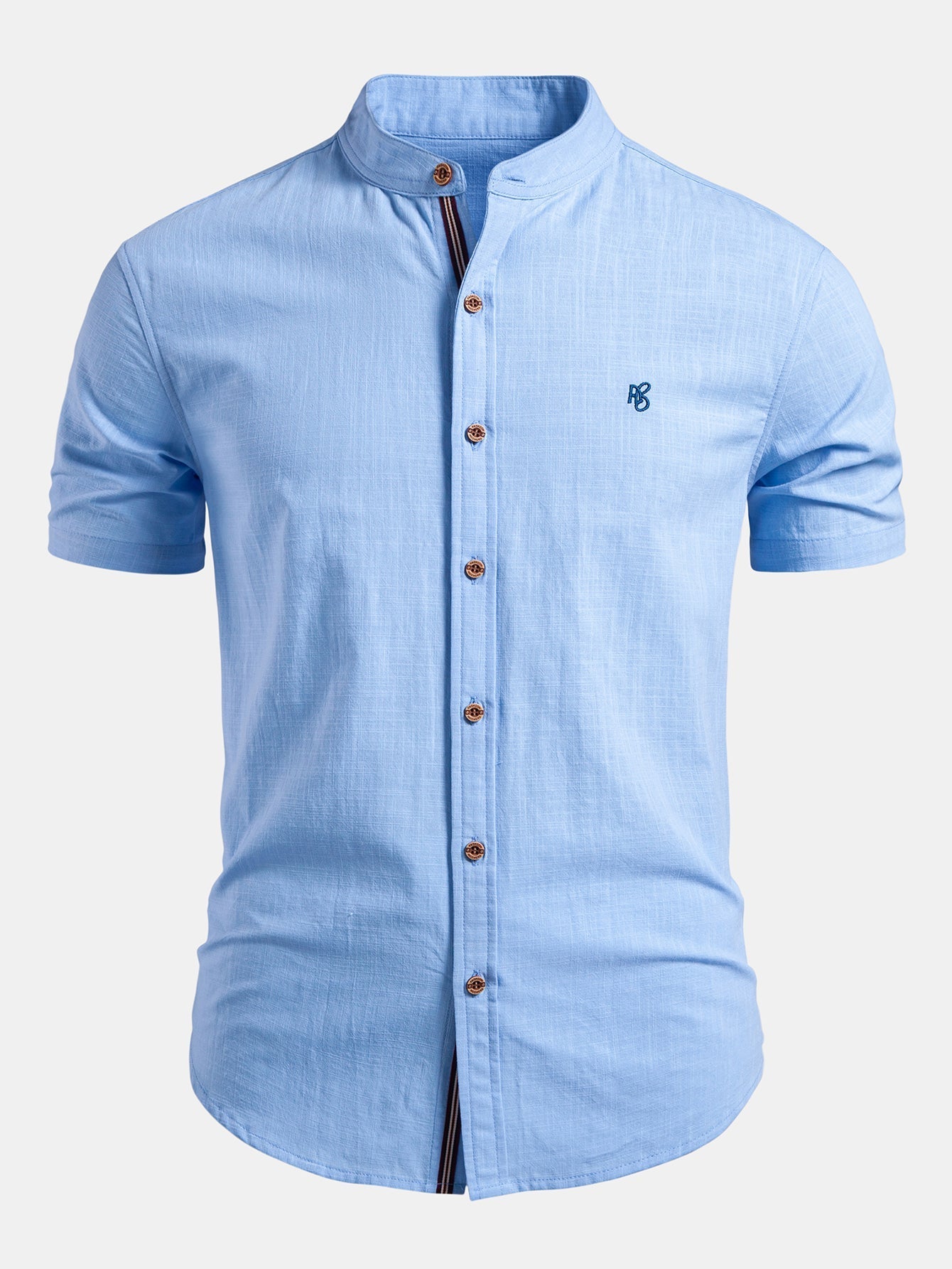 Men's Shirt Cotton Stand Collar Short Sleeve Button Front