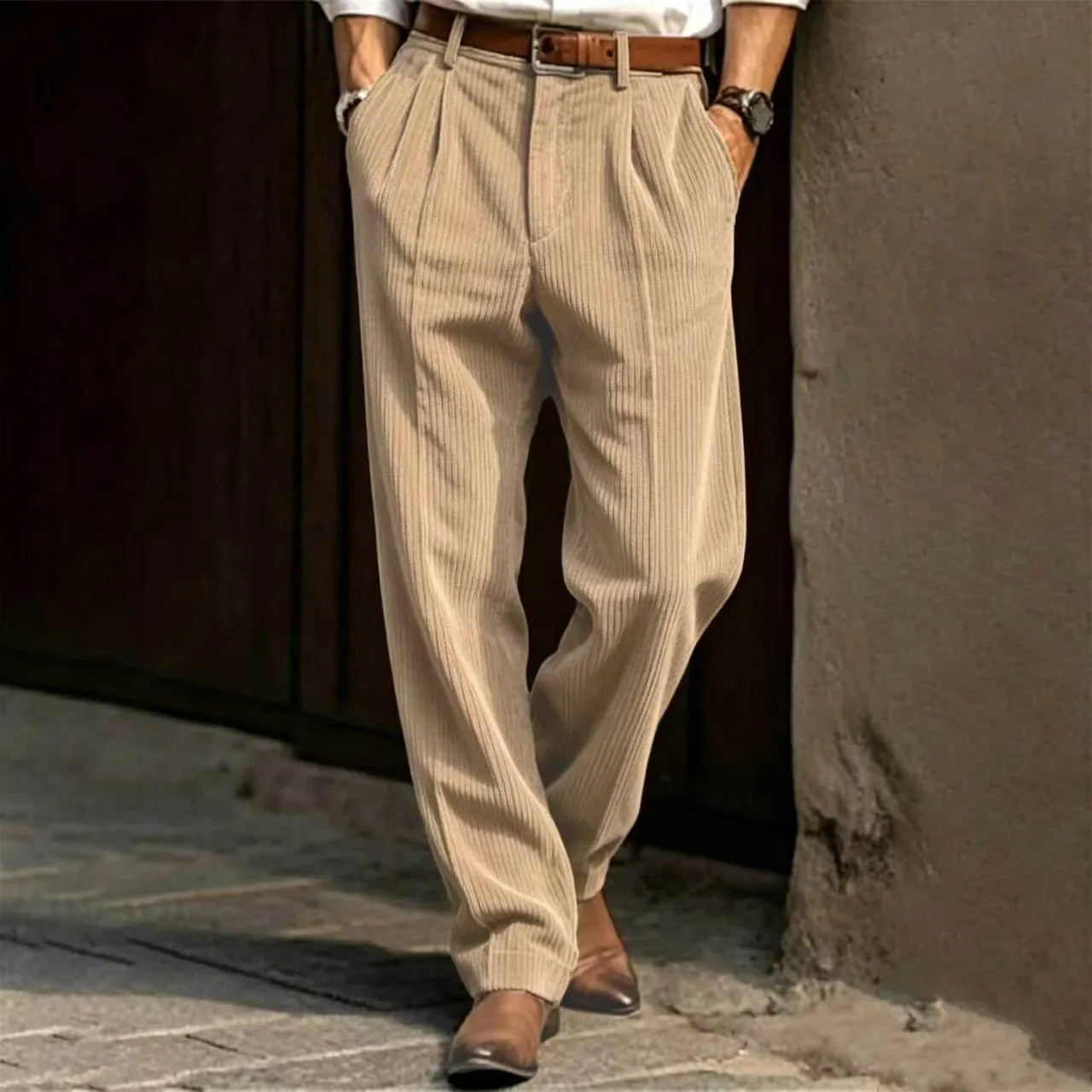 Men's Corduroy Pleated Straight Leg Pants Mid Waist Loose Fit Business Casual Trousers