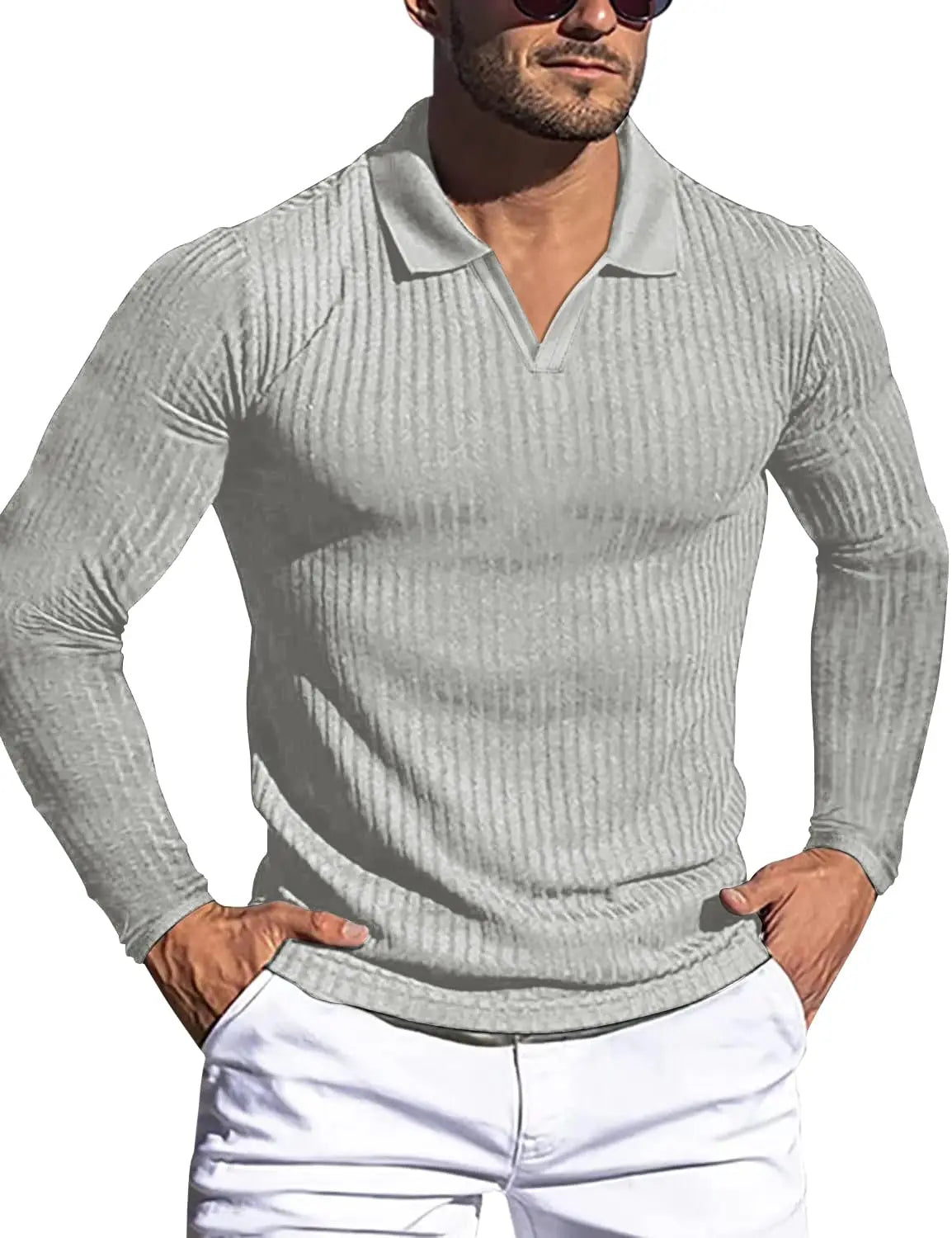 Men's V-Neck Ribbed Knit Polo Shirt Long Sleeve Slim Fit Business Casual Top