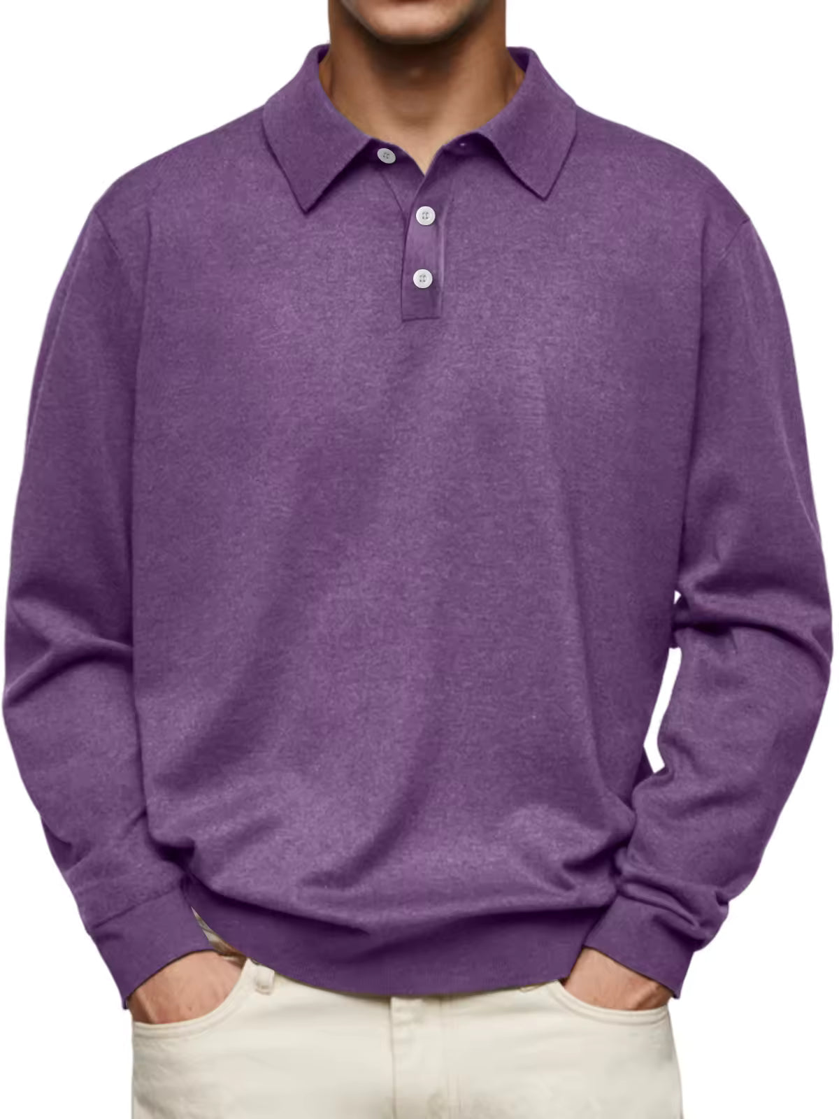 Men's Polo Collar Pullover Sweater Slim Fit Button Placket Long Sleeve Knit Top