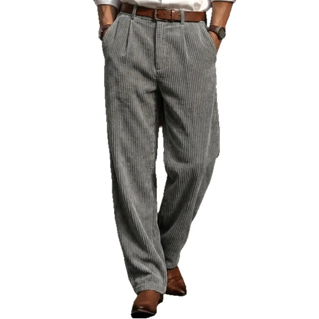 Men's Corduroy Pleated Straight Leg Pants Mid Waist Loose Fit Business Casual Trousers