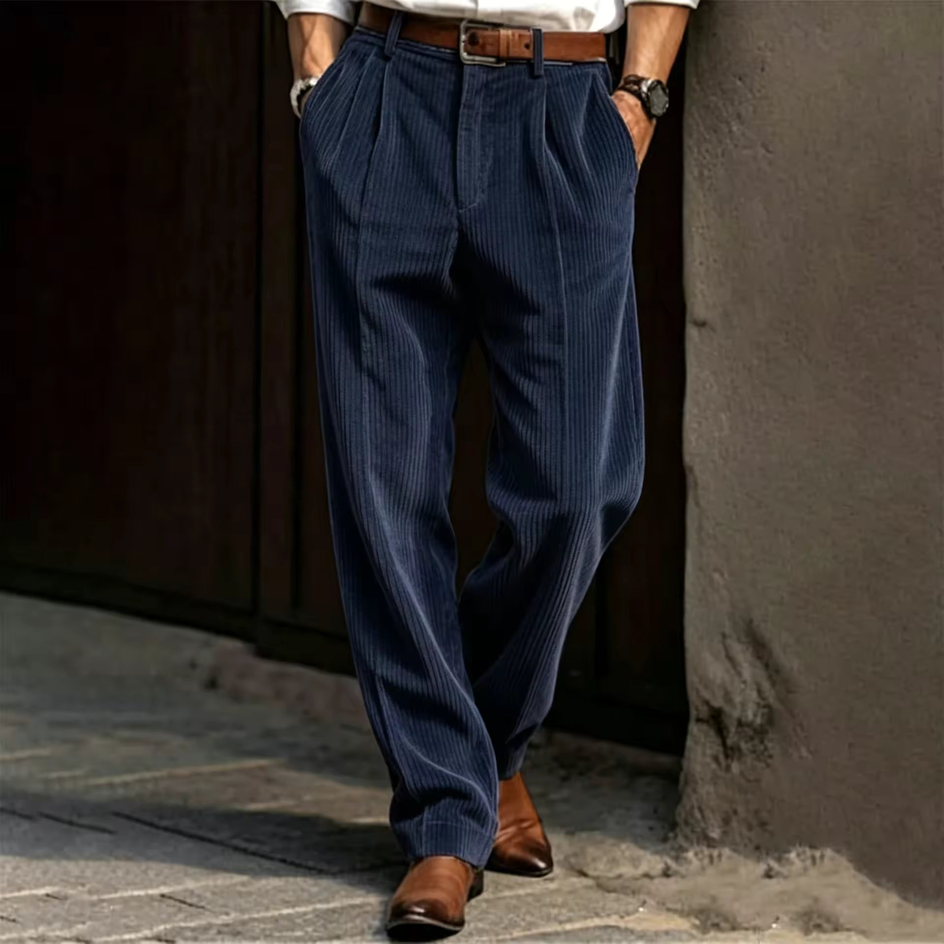 Men's Corduroy Pleated Straight Leg Pants Mid Waist Loose Fit Business Casual Trousers