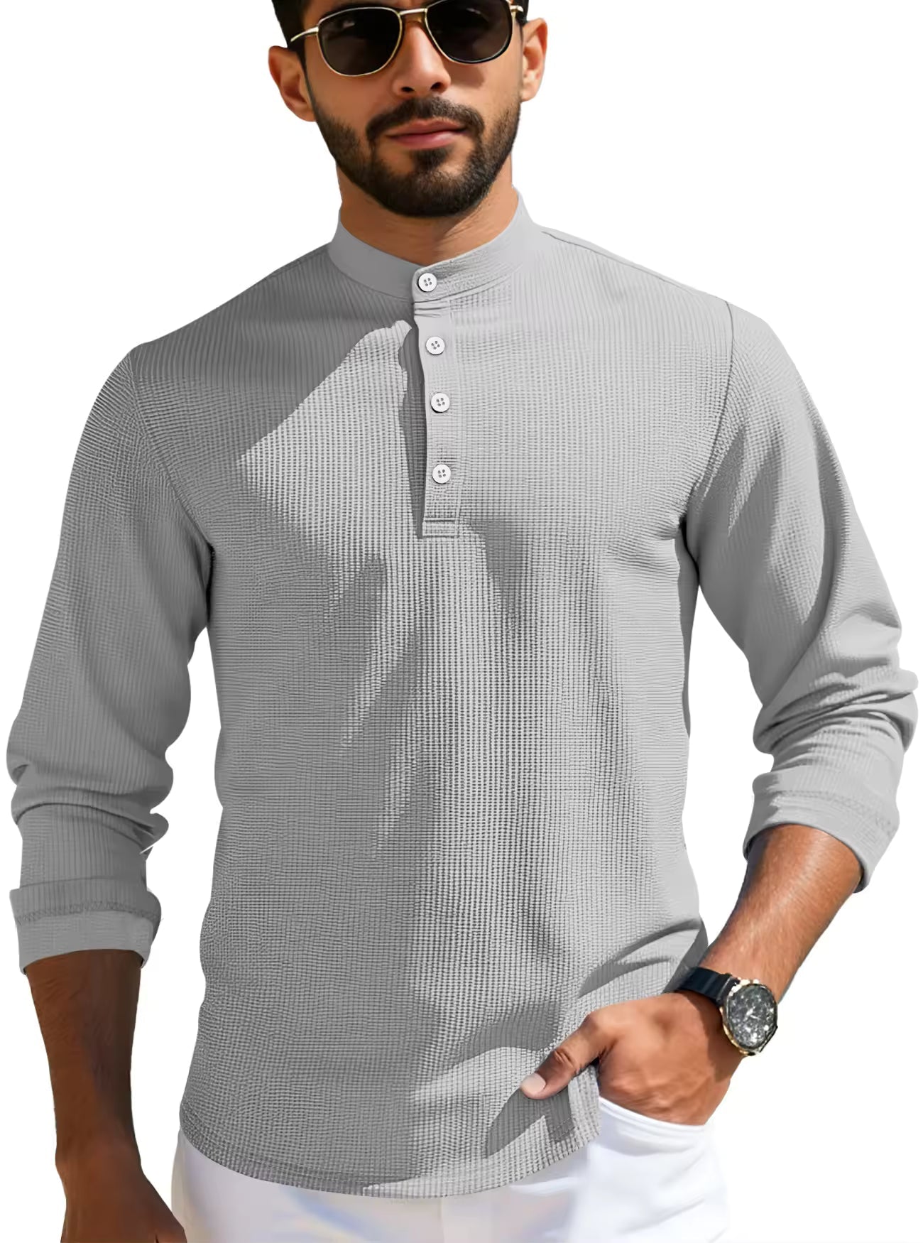 Men's Waffle Knit Henley Shirt Stand Collar Button Placket Long Sleeve Loose Fit Top