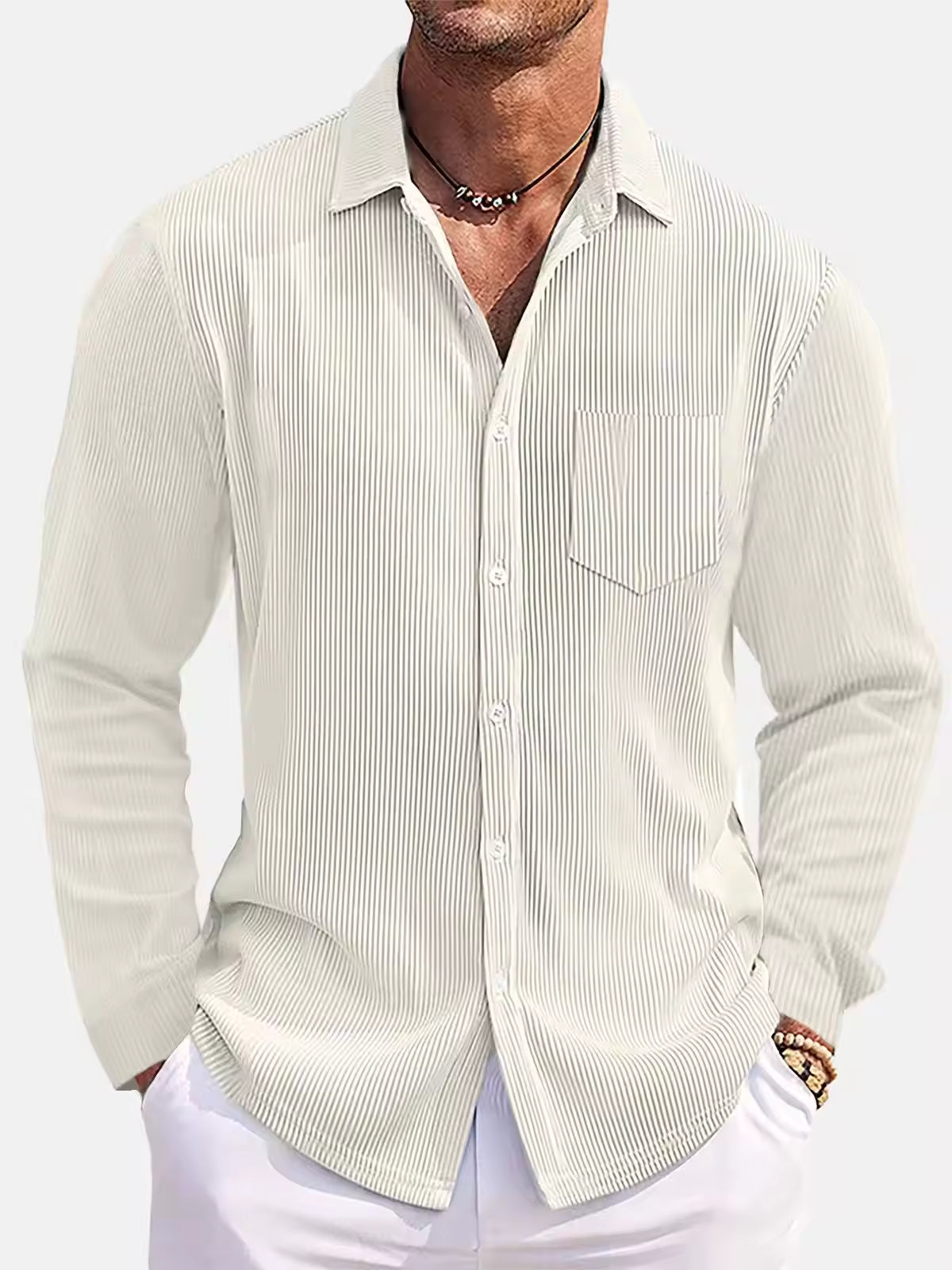 Men's Ribbed Textured Button-Up Shirt Turn-Down Collar Chest Pocket Long Sleeve Top