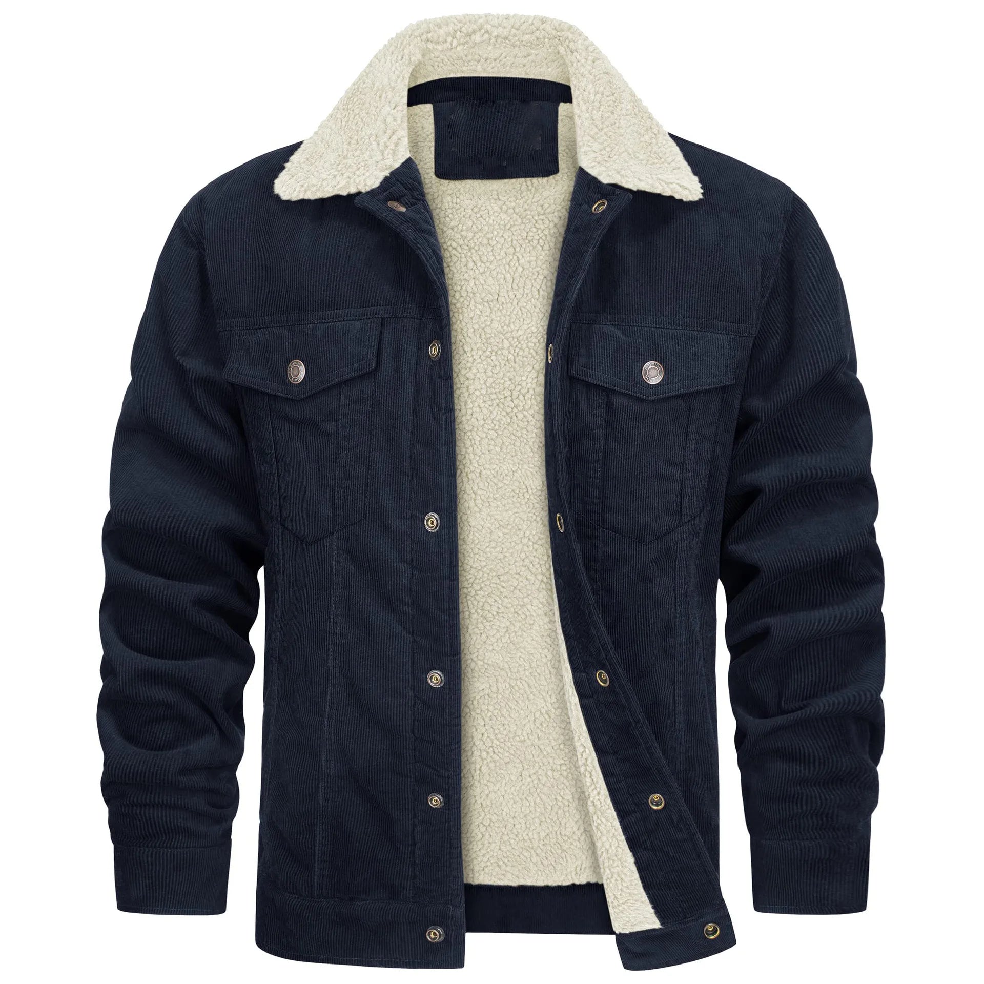 Men's Corduroy Sherpa-Lined Trucker Jacket Fur Collar Long Sleeve Button-Up Coat