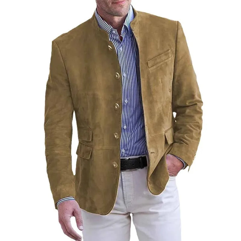 Men's Stand Collar Suede-Look Blazer Single Breasted Slim Fit Solid Color Jacket