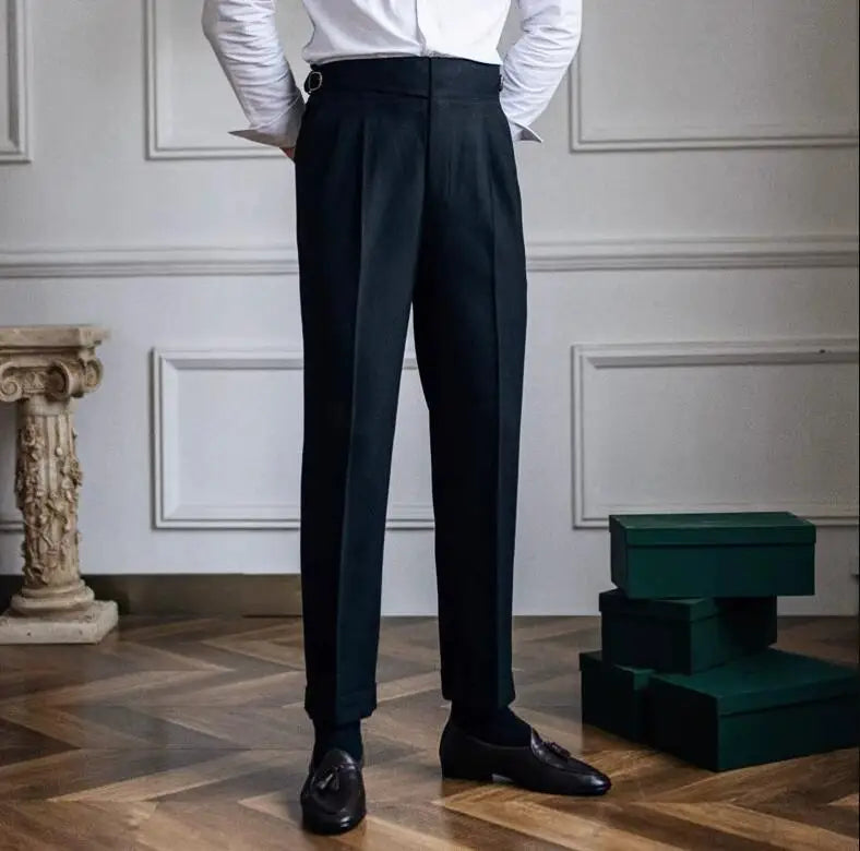 Men's High Waisted Pleated Straight Leg Dress Pants British Style Formal Trousers
