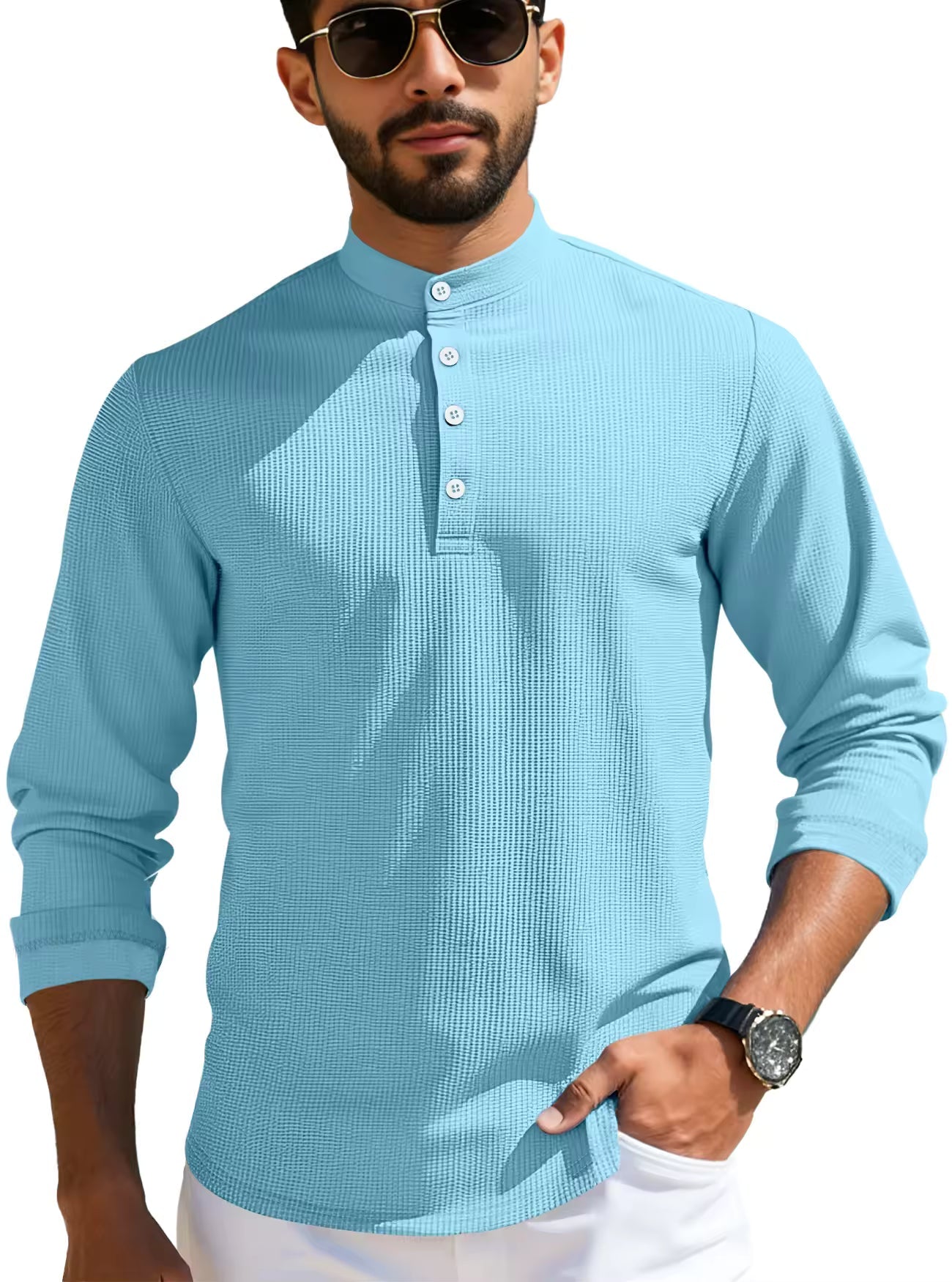 Men's Waffle Knit Henley Shirt Stand Collar Button Placket Long Sleeve Loose Fit Top