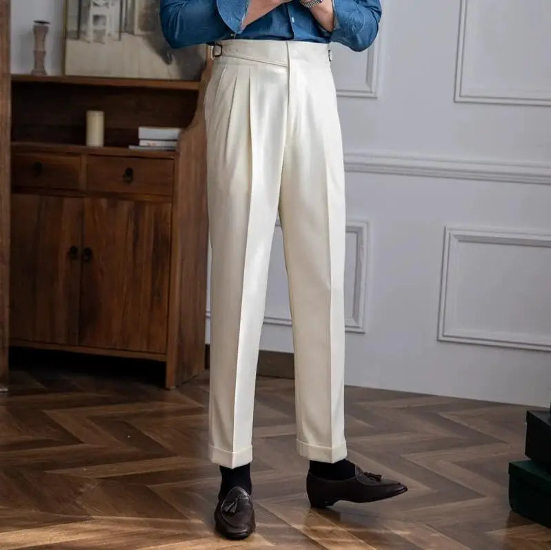 Men's High Waisted Pleated Straight Leg Dress Pants British Style Formal Trousers