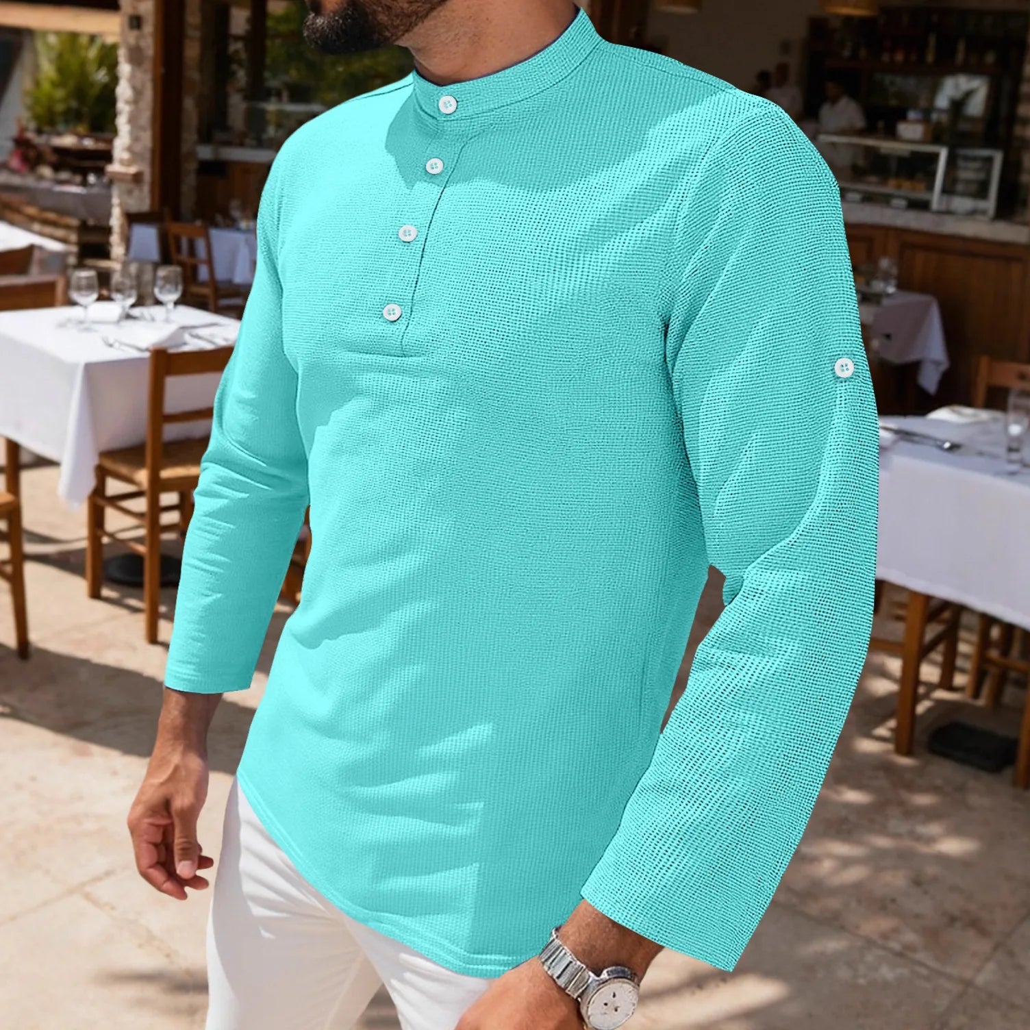 Men's Waffle Knit Henley Shirt Stand Collar Button Placket Long Sleeve Loose Fit Top