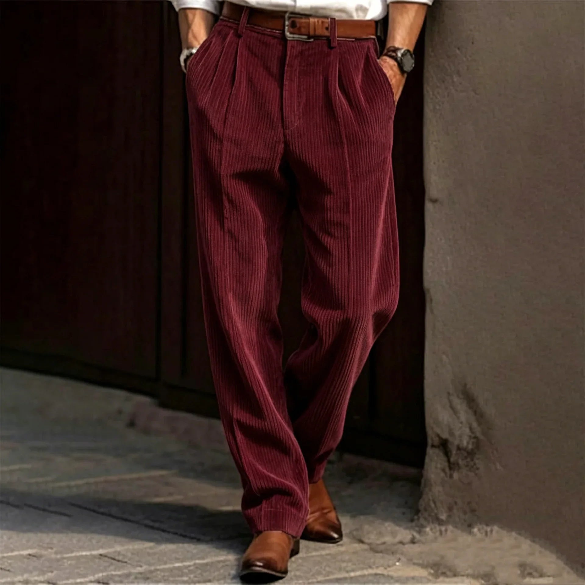 Men's Corduroy Pleated Straight Leg Pants Mid Waist Loose Fit Business Casual Trousers