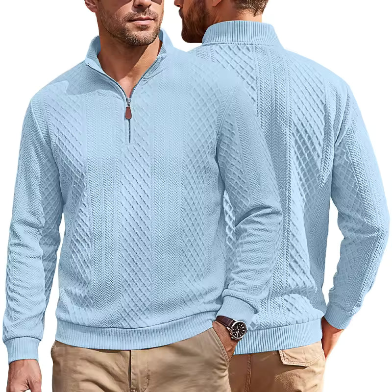 Men's Half Zip Textured Sweater Argyle Jacquard Long Sleeve Casual Pullover