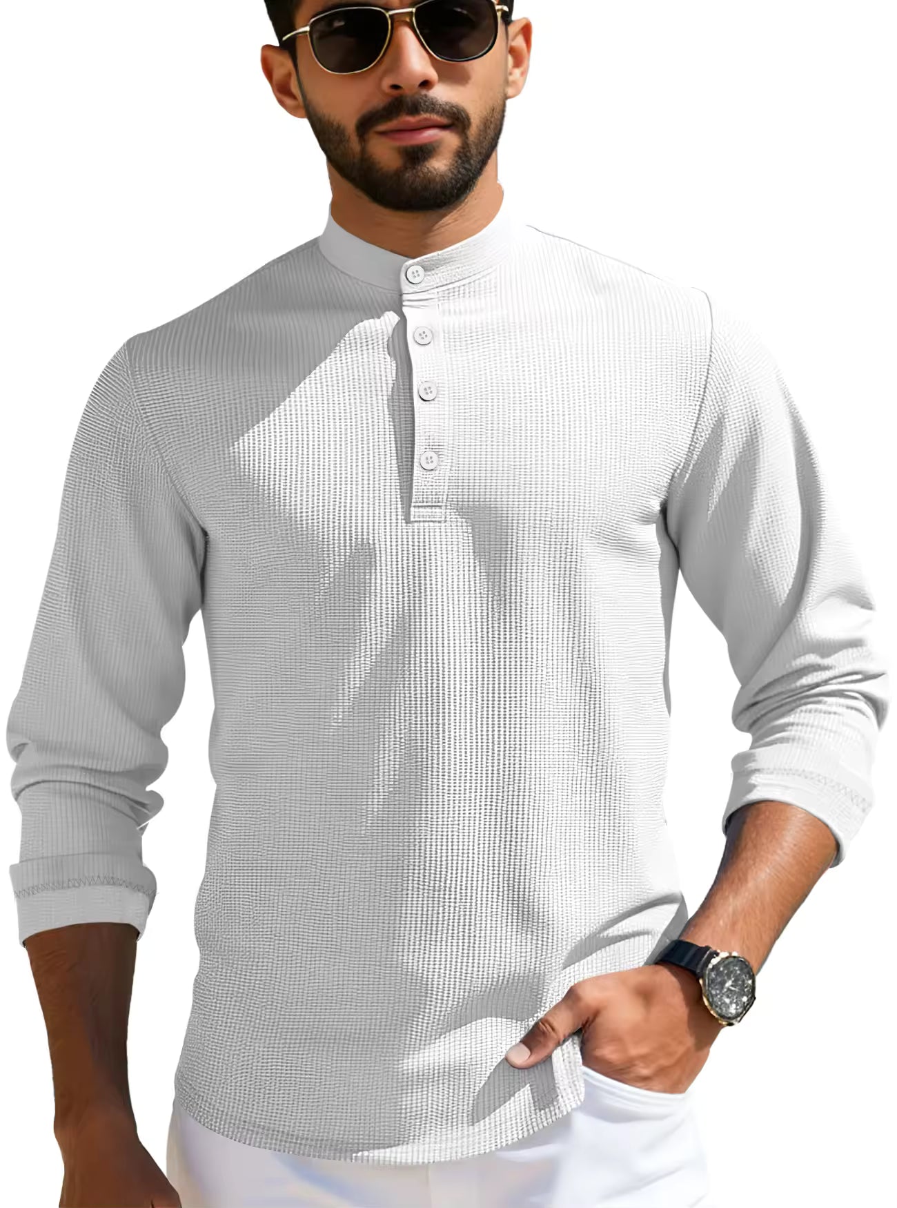 Men's Waffle Knit Henley Shirt Stand Collar Button Placket Long Sleeve Loose Fit Top