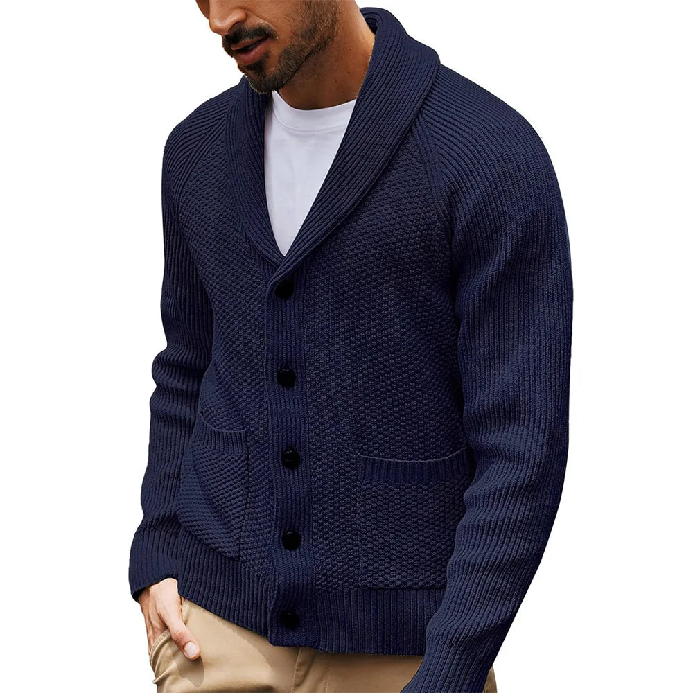 Men's Shawl Collar Open Front Cardigan Knit Sweater with Flap Pockets