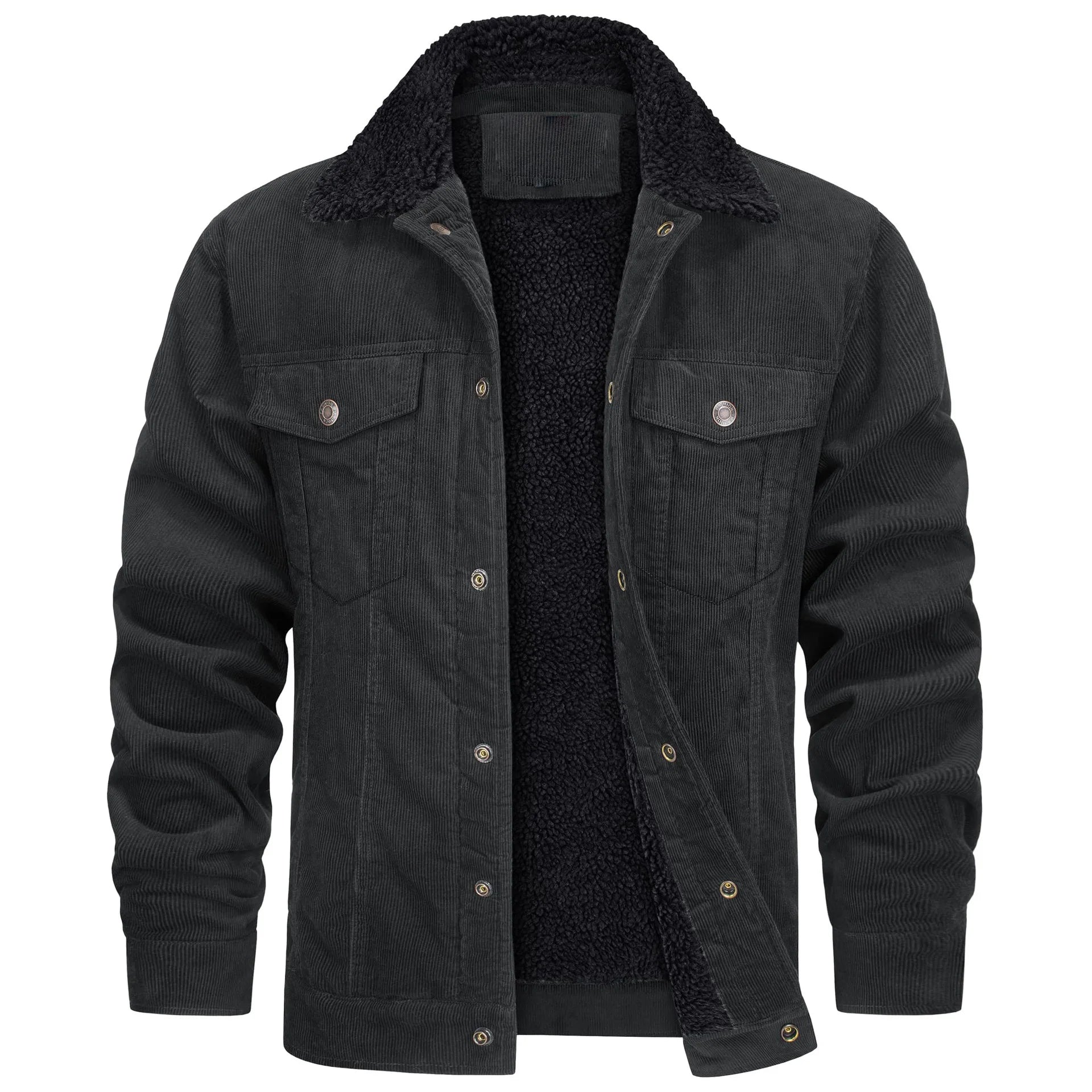 Men's Corduroy Sherpa-Lined Trucker Jacket Fur Collar Long Sleeve Button-Up Coat