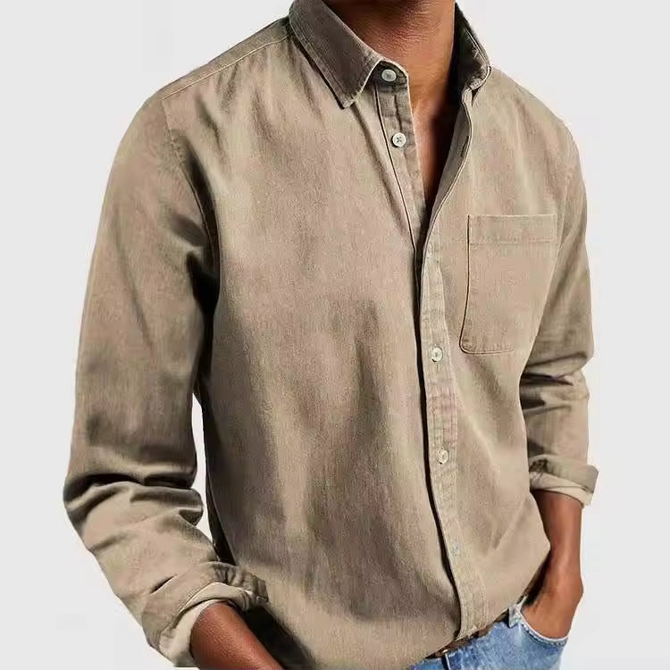 Men's Contrast Collar Button-Up Polo Solid Color Chest Pocket Long Sleeve Casual Top