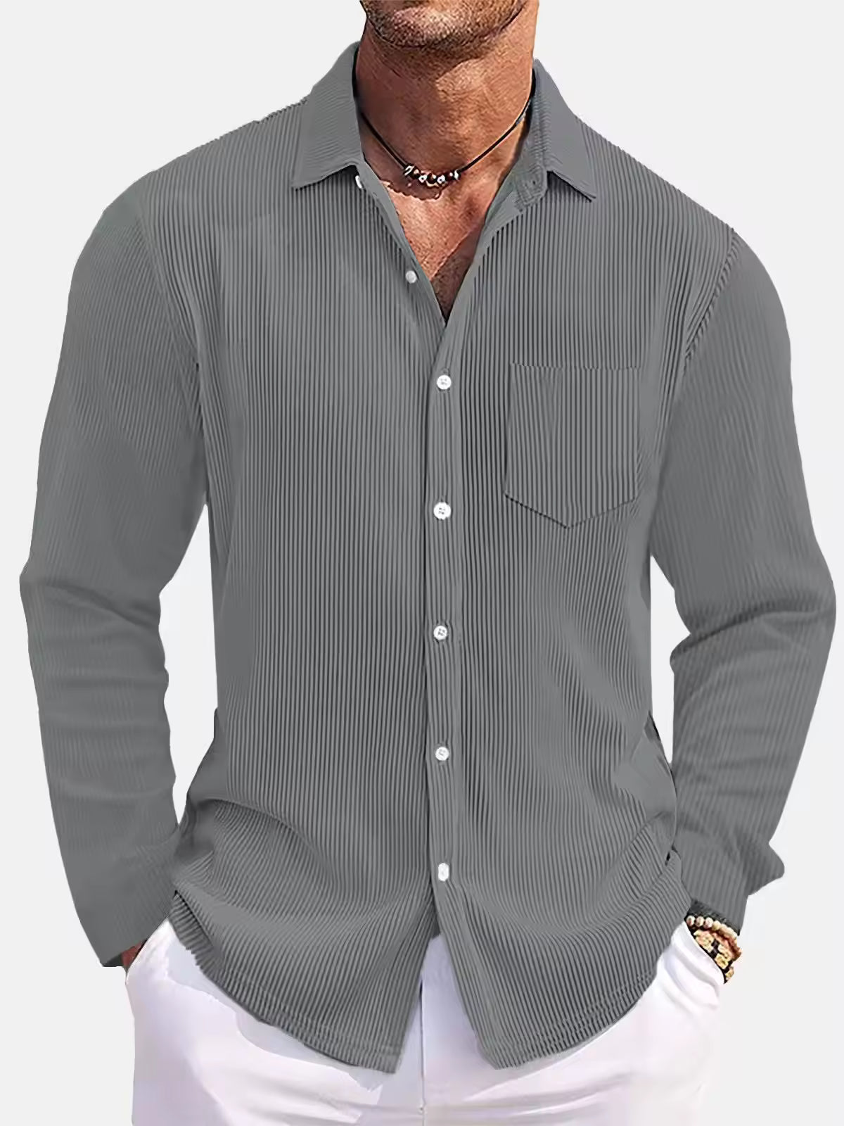 Men's Ribbed Textured Button-Up Shirt Turn-Down Collar Chest Pocket Long Sleeve Top
