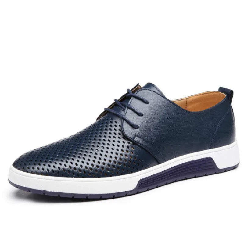 Men's Perforated Leather-Look Lace-Up Shoes Round Toe Business Casual Sneakers