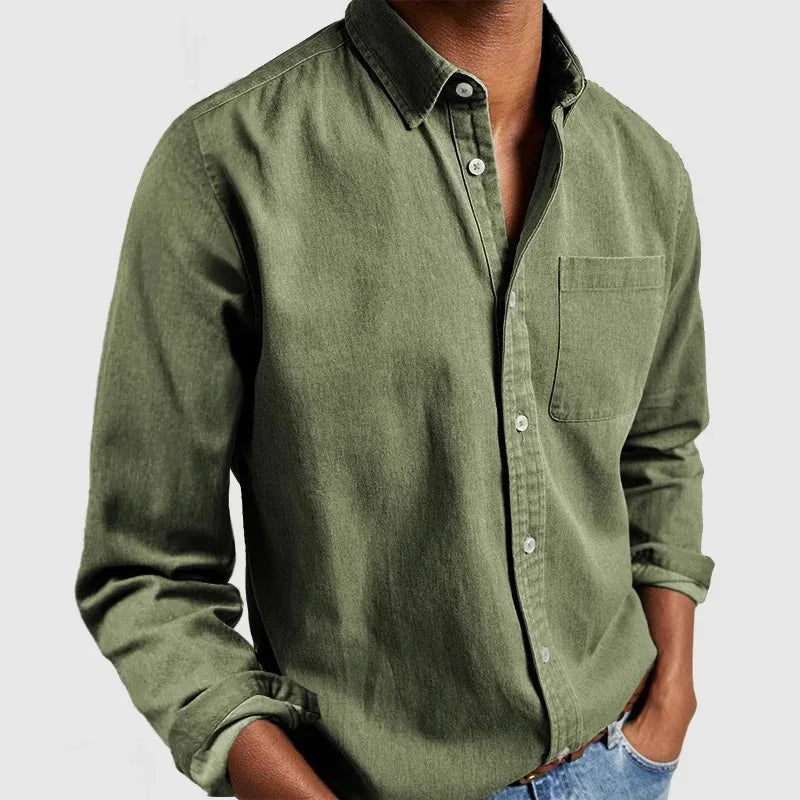 Men's Contrast Collar Button-Up Polo Solid Color Chest Pocket Long Sleeve Casual Top