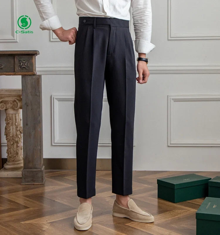 Men's Pleated Straight Leg Cropped Trousers Mid Waist British Style Casual Pants