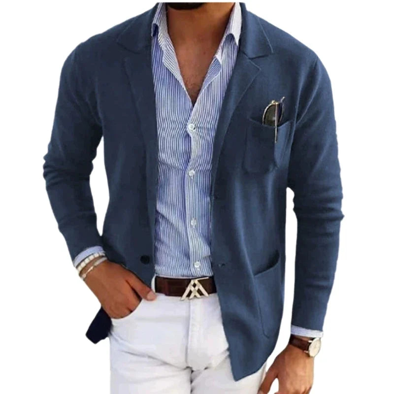Men's Knit Cardigan Blazer Notch Lapel Slim Fit Chest Pocket Open Front Sweater Jacket