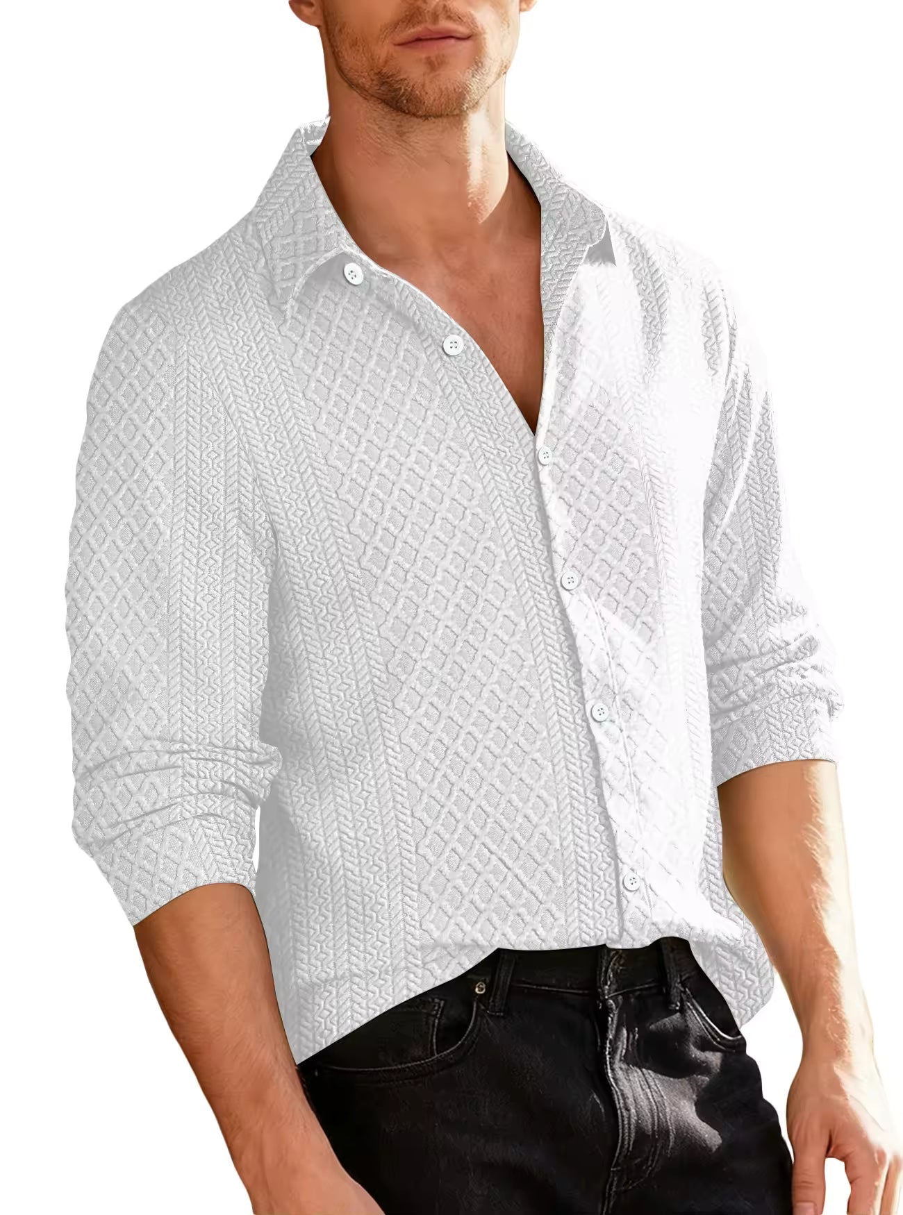 Men's Textured Knit Shirt Turn-Down Collar Button-Up Long Sleeve Casual Top