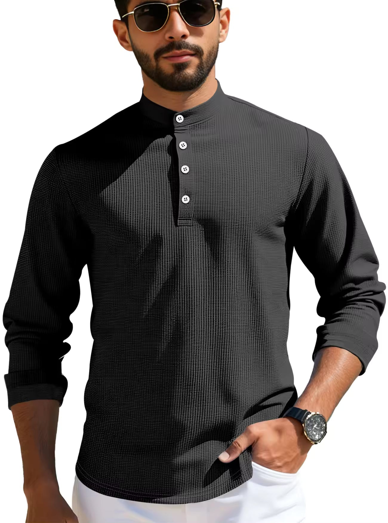 Men's Waffle Knit Henley Shirt Stand Collar Button Placket Long Sleeve Loose Fit Top