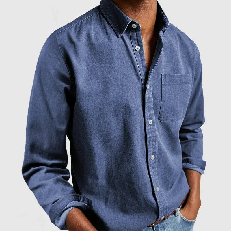 Men's Contrast Collar Button-Up Polo Solid Color Chest Pocket Long Sleeve Casual Top