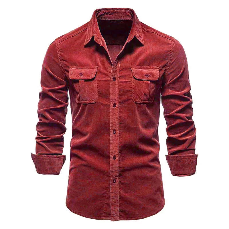 Men's Corduroy Button-Up Polo Jacket Long Sleeve Flap Pocket Slim Fit Casual Top