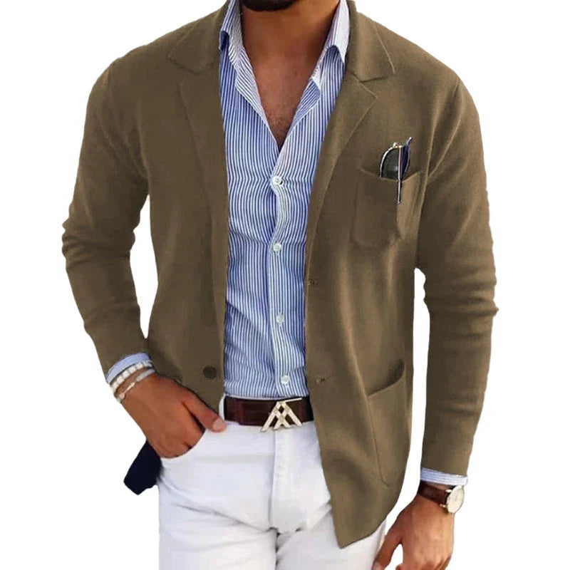 Men's Knit Cardigan Blazer Notch Lapel Slim Fit Chest Pocket Open Front Sweater Jacket