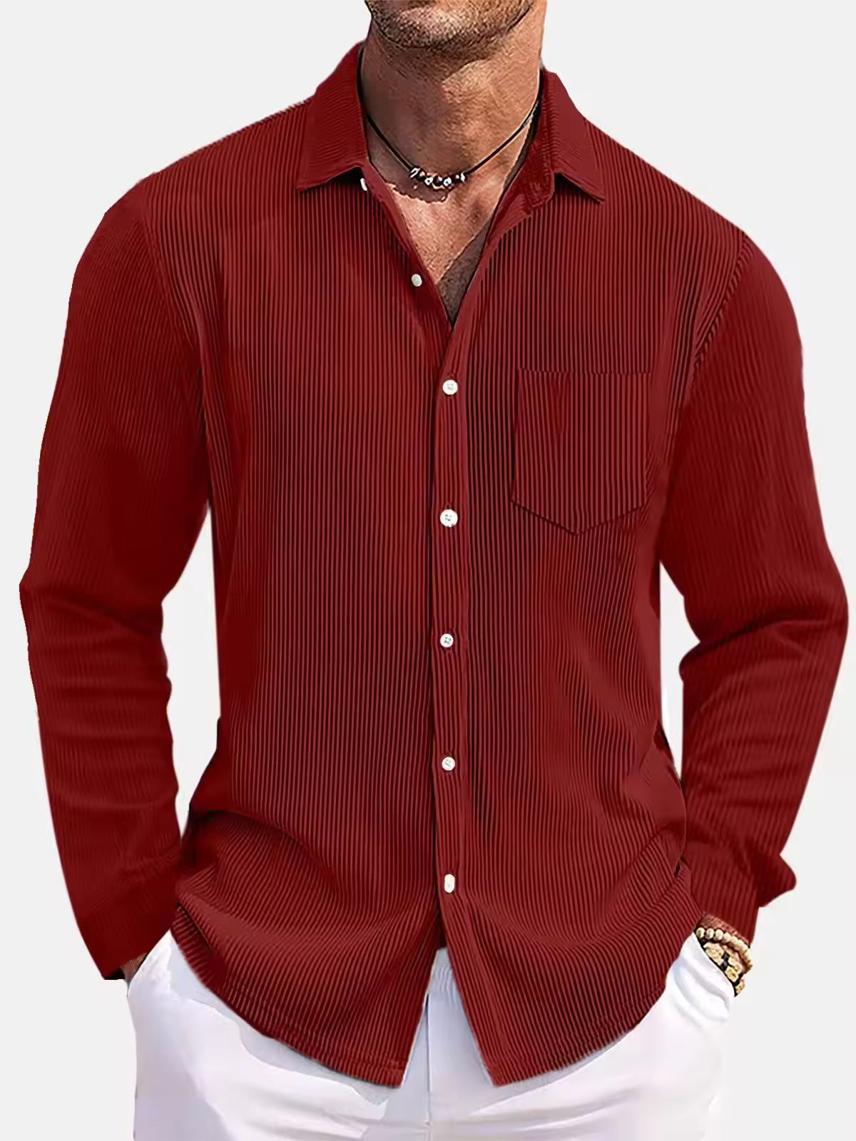 Men's Ribbed Textured Button-Up Shirt Turn-Down Collar Chest Pocket Long Sleeve Top