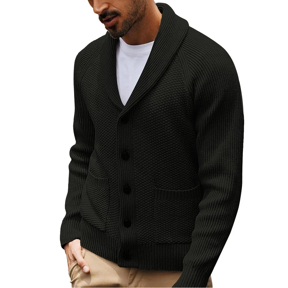 Men's Shawl Collar Open Front Cardigan Knit Sweater with Flap Pockets