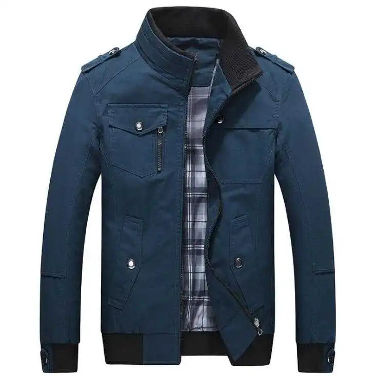 Men's Military Style Cotton Jacket Multi Pocket Zip-Up Stand Collar Casual Coat