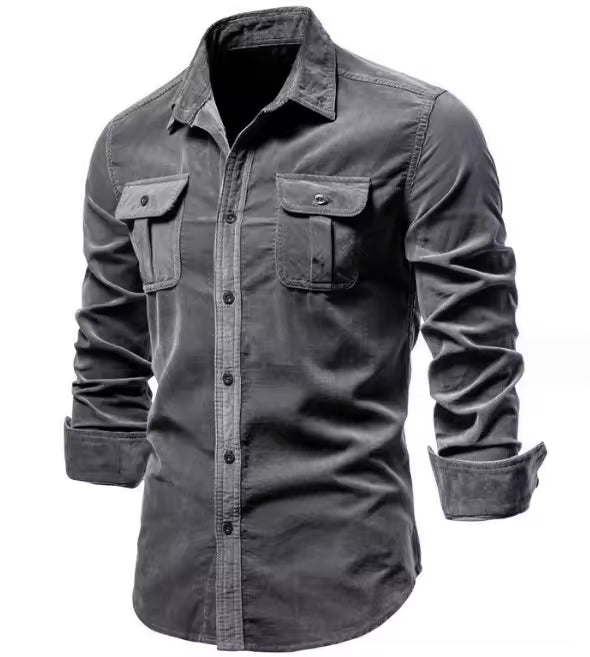Men's Corduroy Button-Up Polo Jacket Long Sleeve Flap Pocket Slim Fit Casual Top