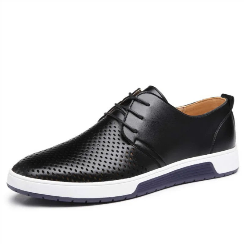 Men's Perforated Leather-Look Lace-Up Shoes Round Toe Business Casual Sneakers