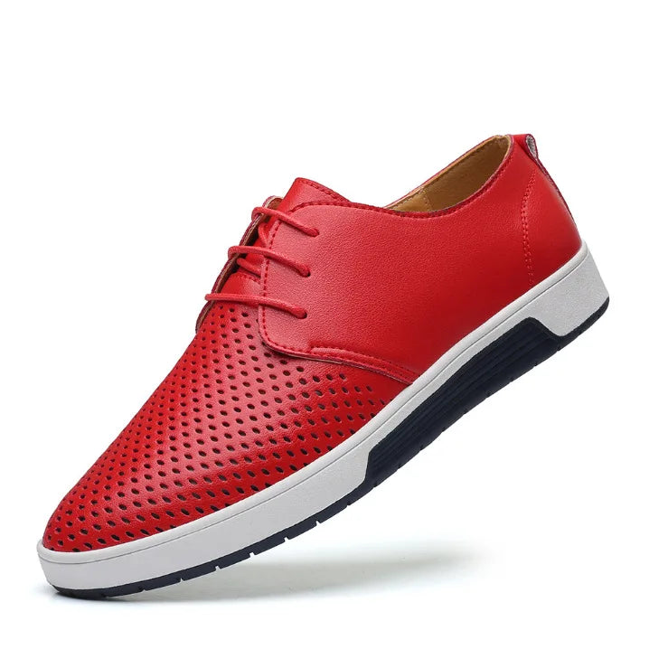 Men's Perforated Leather-Look Lace-Up Shoes Round Toe Business Casual Sneakers